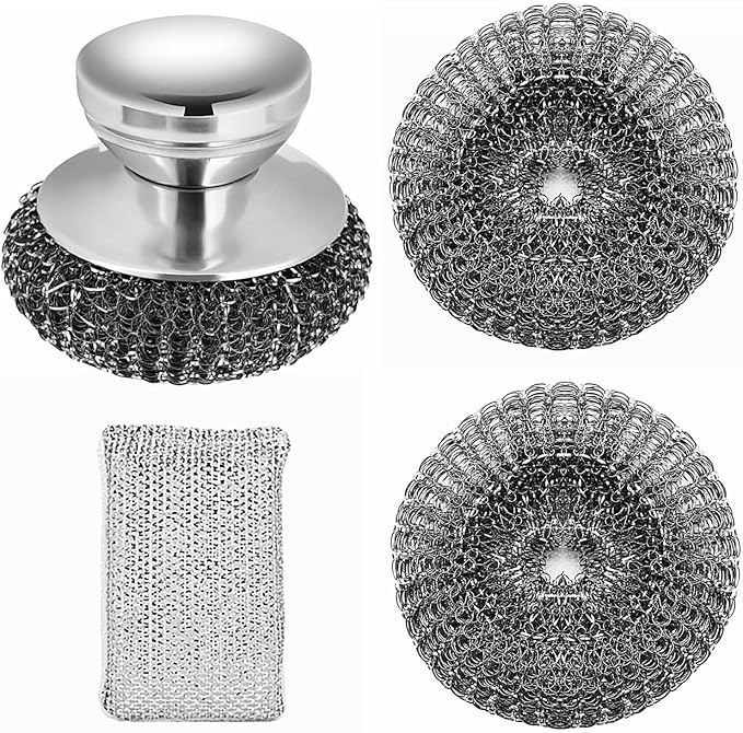 Stainless Steel Wool Scrubber with Short Handle Steel Scrubber Wool Pads for Cleaning Dishes Metal Scrubber Pot Scrubbers for Iron Pots, Stoves, Barbecue Grills, Wash Sink,Pans,2 Replace Heads