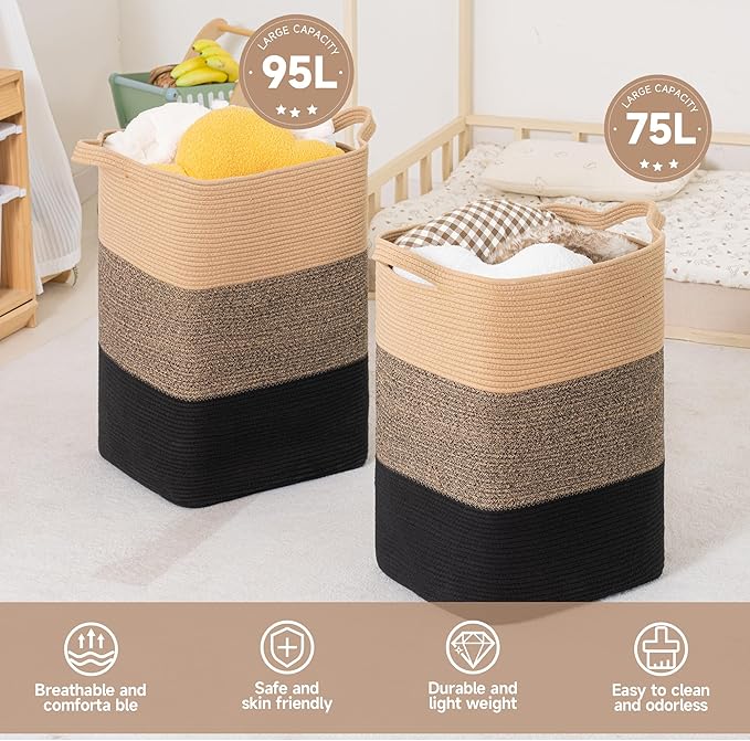 CLHMILY&Z 95L Laundry Basket Rectangular Black Jute Rope - 16x15x24 Inches - Dirty Clothes and Soft Storage Bin for Blankets, Toys, and Nursery Essentials
