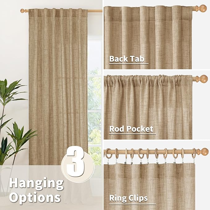 YoungsTex Toffee Linen Curtains 63 Inch Length for Short Living Room Window, Light Filtering Rod Pocket Burlap Textured Drapes for Bedroom Back Tab Rustic, 42 X 63 Inch, 2 Panels