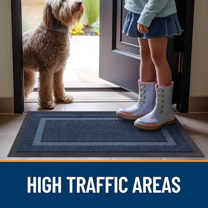 OLANLY Front Door Mat Indoor Outdoor Entrance, Waterproof All-Season, All-Weather Doormat, Sturdy Natural Rubber, Fade Resistant, Low Profile, Easy Clean Patio Porch Entryway Mat, 47x24, Blue
