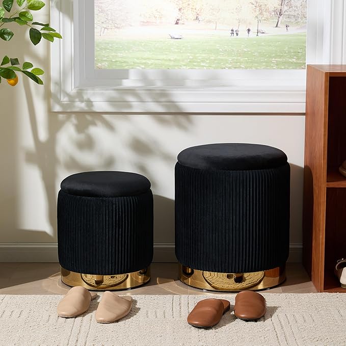 Royal Windsor Round Ottoman with Storage Set of 2, Vanity Stool with Storage for Bedroom, Ottoman Coffee Table Gold-Tone Ring Around The Base, Small Velvet Foot Stool for Living Room, Black