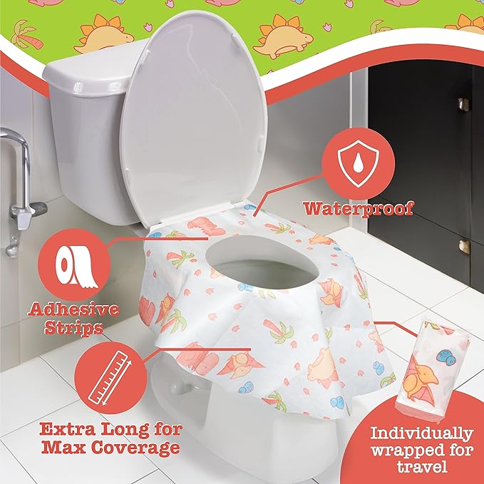 Toilet Seat Covers Disposable (12 pk, Dinosaurs) - XL Waterproof Toilet Cover for Toddlers, Kids & Adults - Portable & Individually Wrapped for Travel, Potty Training, Public Restrooms