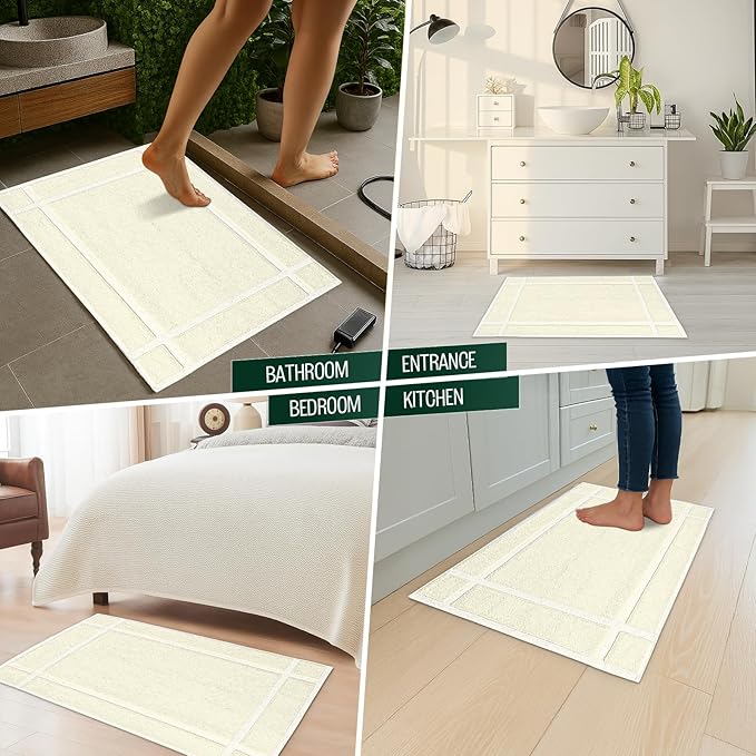 Pearl Linens Pack of 2 100% Cotton Bath Mat 18x25 inches, Soft & Absorbent Quick Dry Bathroom Mats Set, Not Bathroom Rugs, After Shower Mats, Bath Tub Mat, 687 GSM, Machine Washable, Ivory