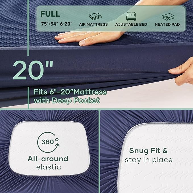 OhGeni 100% Waterproof Mattress Protector, Queen Size Mattress Pad, Fits 6"-20" Mattresses with Deep Pocket, Cooling, Breathable Fitted Sheets, Soft Bed Cover, Noiseless, Machine Washable(Navy Blue)