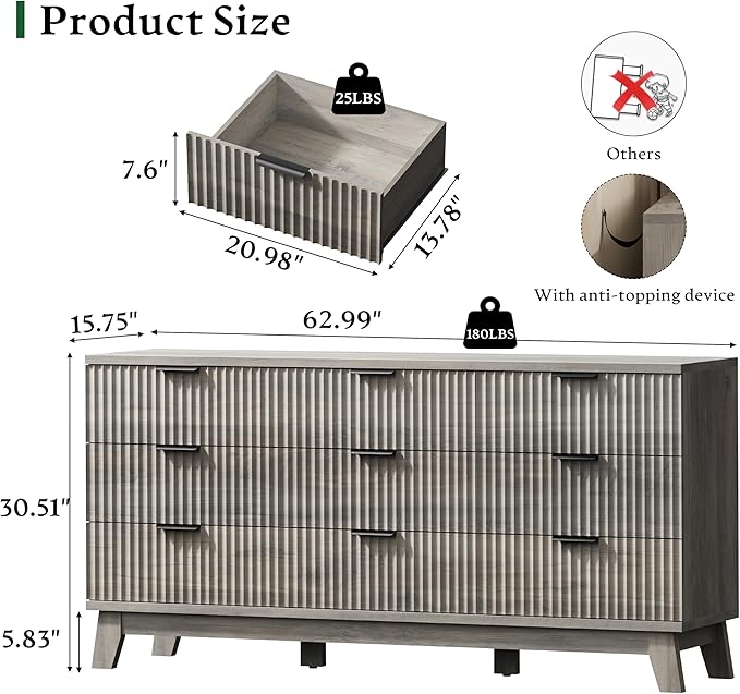Fluted Dresser with 9 Drawers, 63" Wide Modern Chest of Drawers with Metal Handle, Wooden Dresser TV Stand, Wood Closet Clothes Storage Organizer for Bedroom, Living Room, Hallway, Light Grey