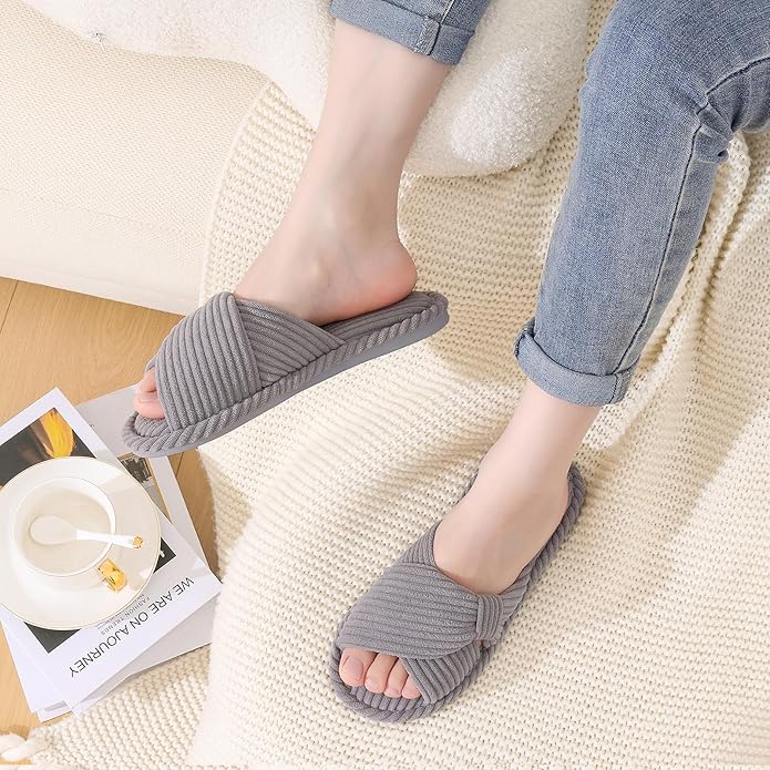 Evshine Summer House Slippers for Women Corduroy Cross Bow Indoor Slippers Open Toe Slip On Bedroom Shoes with Memory Foam
