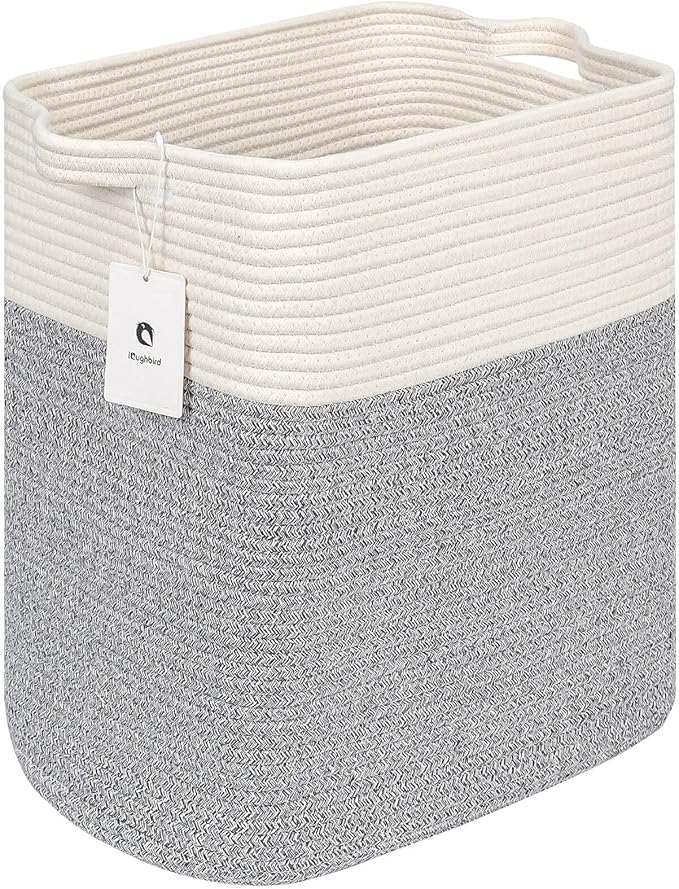 Storage Baskets for Clothes Fabric Cotton Rope Storage Basket with Handles, Decorative Woven Basket for Living Room,Closet Organizer Blankets, and 2bags (Silver Gray, L14×W11×H14)