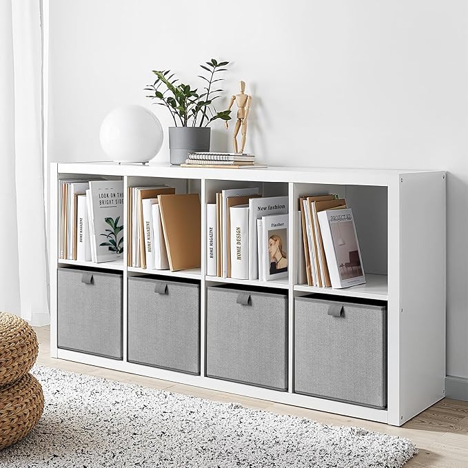 Storage Baskets, 11.8-Inch Woven Fabric Bins, Storage Cubes with Reinforced Handles, Organizer Bins for Closet Shelves, Foldable, for Toys, Clothes, Natural Beige (4PCS/Grey-11.8*11.8*11.8inch)