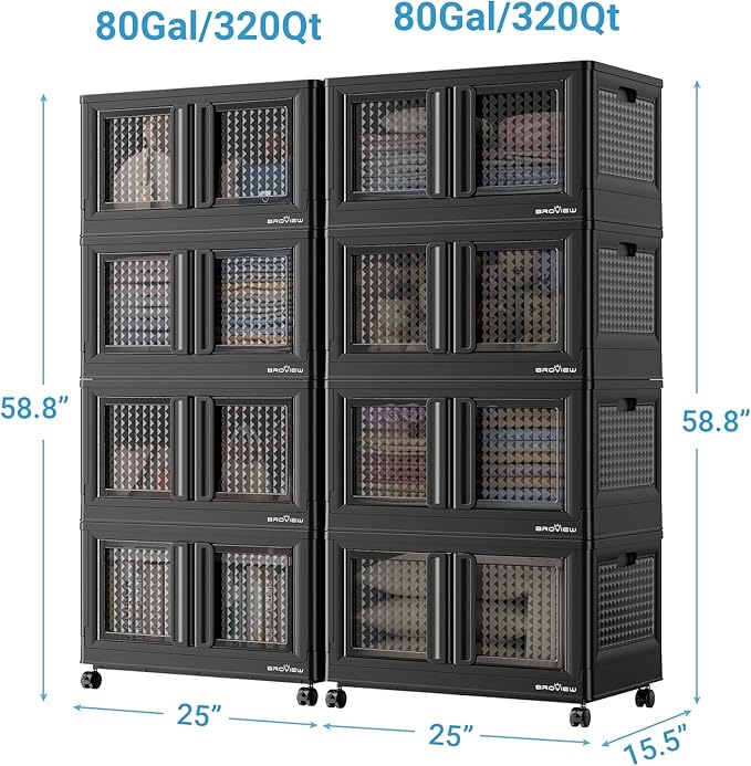 BROVIEW 160Gal Stackable Storage Bins with Lids & Wheels, 640Qt Plastic Collapsible Closet Organizer and Storage Drawers, Storage Boxes Cabinets for Home, Office, 8 Pack, Black