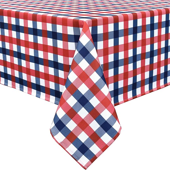 Classic Gingham 4th of July Tablecloth Fabric - Oblong 58x144 Inch Patriotic Party Table Cloth for Indoor Outdoor - American Theme Table Cover for Picnics and Parties