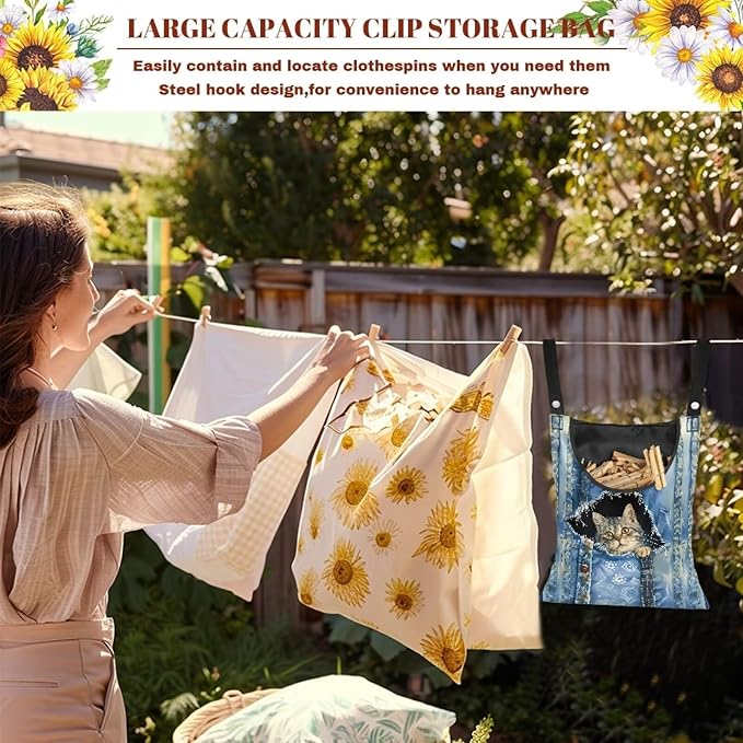 Cat Pin Bag with Hanging Rope, Laundry Hanging Bag, Fits Clothes Lines, Outdoor/Indoor Use