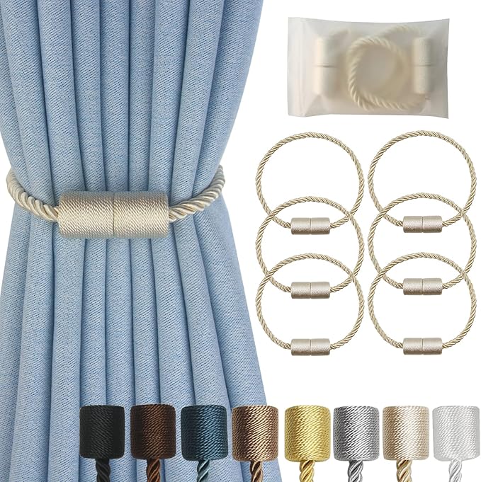 Magnetic Curtain Tiebacks 6 Pack Beige Curtain Rope Tieback Curtain Holders for Drapes Modern Tie Backs Decorative Curtain Holdbacks