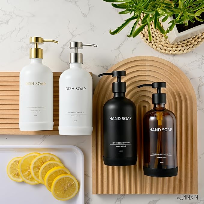 Glass Soap Dispenser Set by Janxin,Bathroom Soap Dispenser Set with Ceramic Tray,Luxury Bathroom Accessories,Modern Kitchen Decor (White+Silver(Hand Soap))