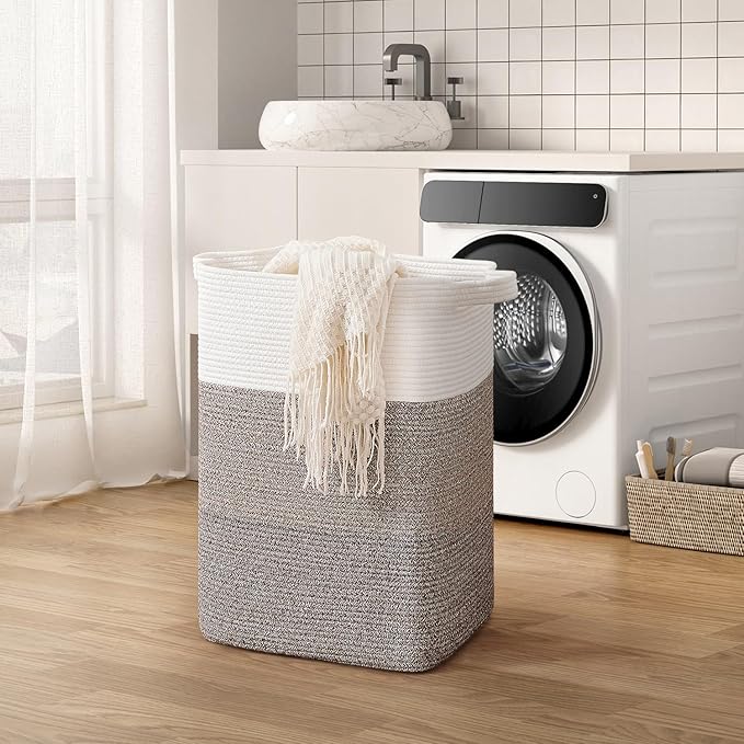 CLHMILY&Z 75L Laundry Hamper Rectangular Cotton Rope Basket - 16x13x22 Inches - Durable and Soft Storage Bin for Clothes, Toys, and Nursery Essentials, Brown & White