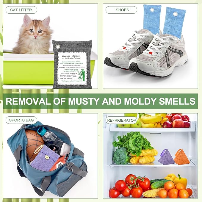 Charcoal Air Purifying Bags 12 Pack×100g Bamboo Charcoal Bags Odor Absorber, for Car Air Fresheners, Odor Eliminator for Home，Shoe Deodorizer - Colorful-Activated Charcoal Odor Absorbers