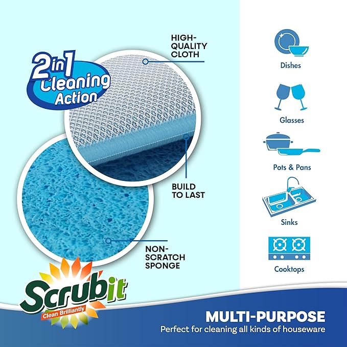 Scrub and Wipe Cleaning Sponges [10 Pack] – SCRUBIT Dual Sided Scouring Pad and Sponge - Reusable Kitchen Scrubbing Sponges for Dishes, Pots, Pans Utensils & Non-Stick Cookware (Blue)