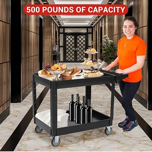 Utility Service Cart 2-Shelf 500 Lbs Capacity, Heavy Duty Rolling Cart with Two Trays and Brake Wheel for Warehouse, Garage, Cleaning, Manufacturing, Storage Handle, 45"X25" Black
