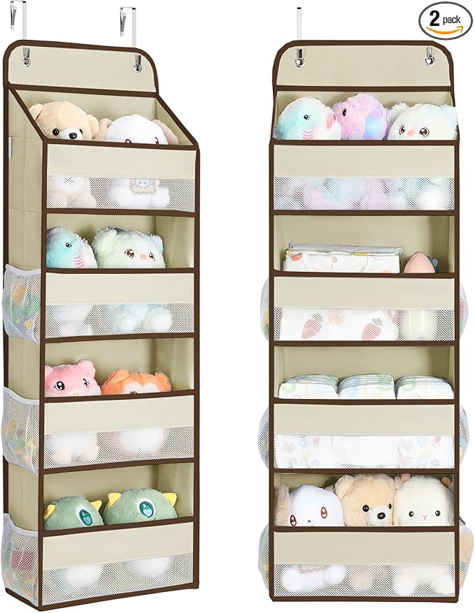 Yecaye 2 Pack 4 Tier Over the Door Organizer, Foldable Portable Baby Essentials for Stuffed Animal Storage - Multi-purpose Bathroom Closet Organizers and Storage for Kids Newborn Baby Stuff Beige