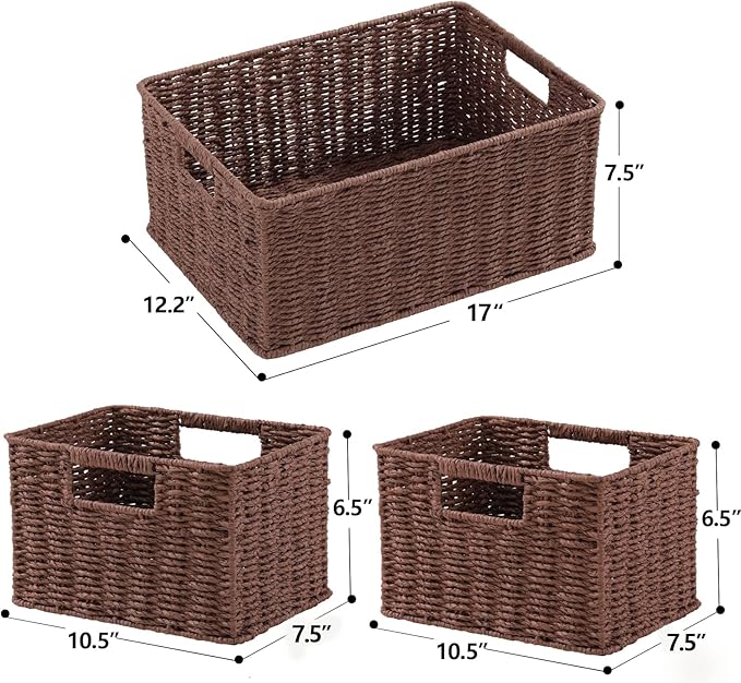 HOONEX Large Woven Baskets for Storage, Paper Rope Baskets with Sturdy Metal Wire Frame, Baskets for Shelves, Set of 3, Dark Brown