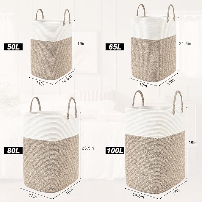 Woven Laundry Basket for Clothes, 50L Large Rectangle Laundry Hampers with Beads Tassel, Nursery Storage Basket for Toys, Tall Dirty Clothes Hamper for Bedroom Aesthetic, Laundry Room Organization