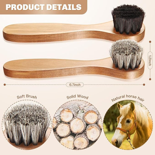 4 Pcs Horsehair Shine Shoes Brush Kit Polish Dauber Applicators Cleaning Leather Shoes Boots Care Brushes Suede Cleaner Brush with Microfiber Shoe Cloth(Wooden Handle B)