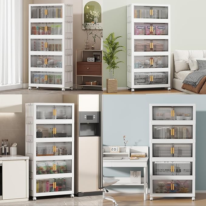 100Gal Stackable Plastic Storage Bins with Lids, Collapsible Closet Organizers and Storage with Wheels for Living Room,Office,Dorm 26.8" W x 14.4" D x 60" H, 5 Tier
