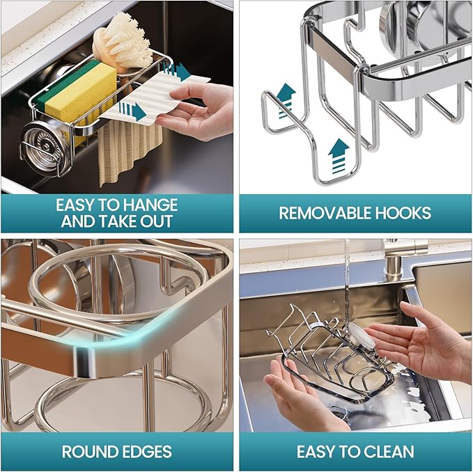 TAILI 4-in-1 Sponge Holder for Kitchen Sink with Strong Suction Cup Removable, Rustproof Aluminum Sink Caddy for Sponge, Brush, Scrubber, Scraper -Silver