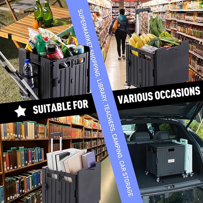 Folding Utility Cart Portable Rolling Crate Handcart Shopping Trolley Collapsible Tool Box, with Lid, on 4 Rotate Wheels, for Grocery, Shopping, Office, Teacher, Camp(Black)