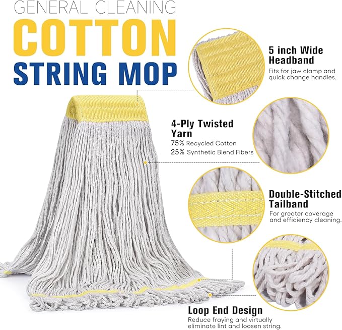 Matthew Cleaning Commercial Mop Head Replacement, 5 Inch Wide Headband, Looped End Cotton Blend String Wet Mops for Floor Cleaning, 24 oz Large, 6-Pack White