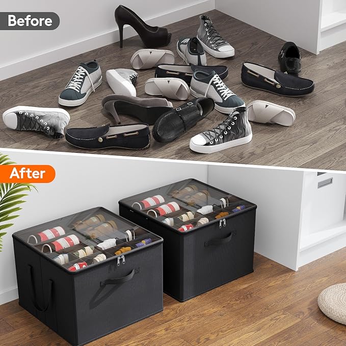Lifewit Shoe Storage Organizer for Closet Fits 12-16 Pairs, Fabric Large Shoe Box Storage Container with Clear Cover, Foldable Bins Fit for Boots Heels Sneakers 17"(L) x 17"(W) x 12.5"(H) 2 Pack Black