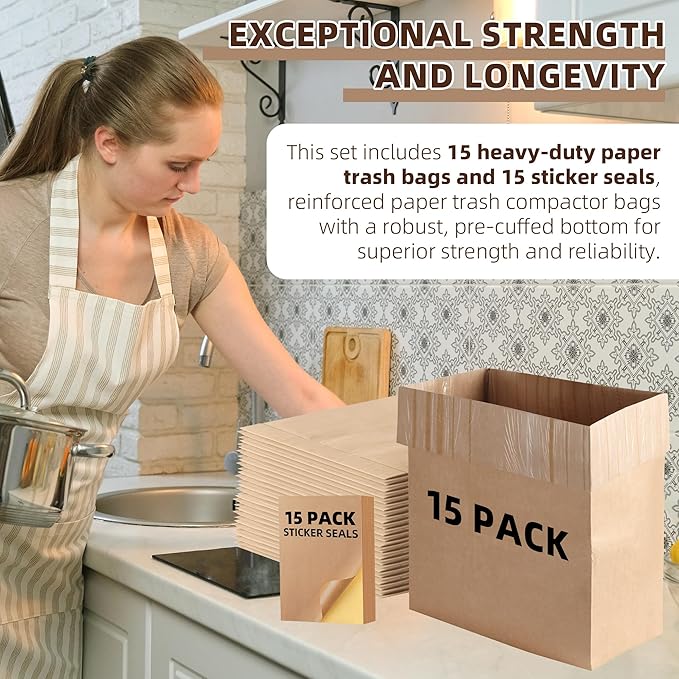 (15-Pack) Calvana Super Strong Compactor Bags, Heavy-Duty Kitchen Paper Trash Bags with Leak Proof Plastic Liner, Fits GE Model Compactors with Rectangular Containers, Includes 15 Sticker Seals