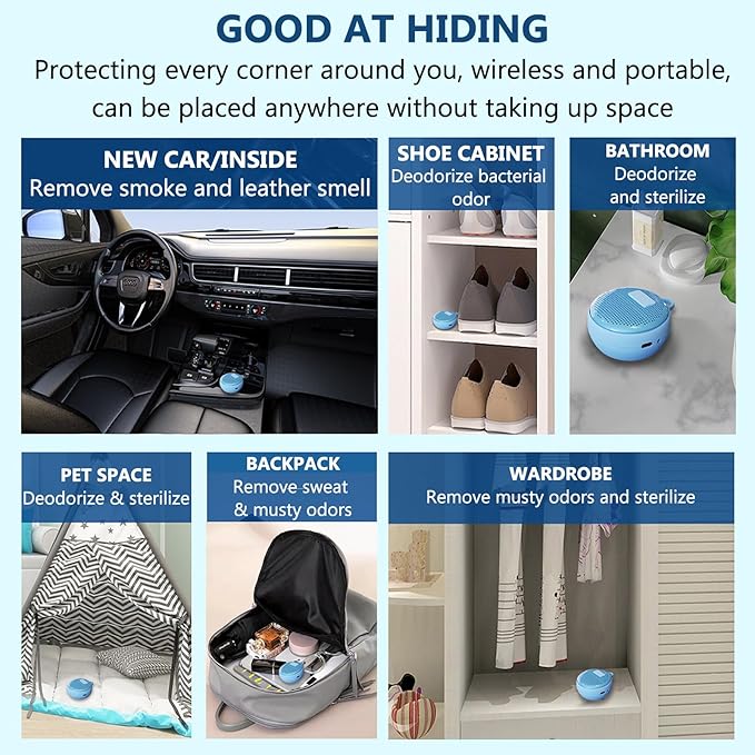 Refrigerator Deodorizer, Fridge Odor Absorber, Mini USB Rechargeable Ozone Odor Eliminator, Reusable for Fridge, Car, Closet, Wardrobe (Blue)