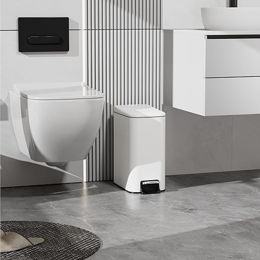 Small Trash Can with Lid Soft-Close, 6 L/1.6 Gal Bathroom Garbage Can with Removable Inner Bucket, Step Pedal, Stainless Steel Wastebasket for Kitchen, Bathroom, Bedroom, Office, White