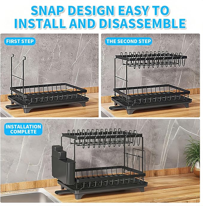Dishes Drying Rack, 2-Tier Tableware Drying Rack with Draining Board, Space-Saving Design, Suitable for Kitchen Countertop Tableware and Cup Rack