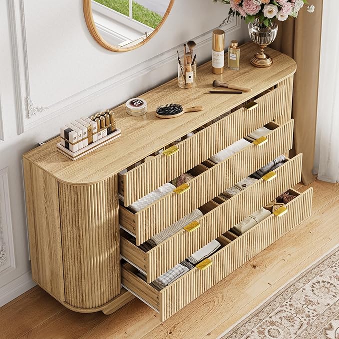 63" Tambour Dresser for Bedroom with 8 Drawers, Modern Chest of Drawers with Sliding Doors & 4 Shelves, Fluted Dresser Storage Organizer for Bedroom, Closet, Living Room(Natural)