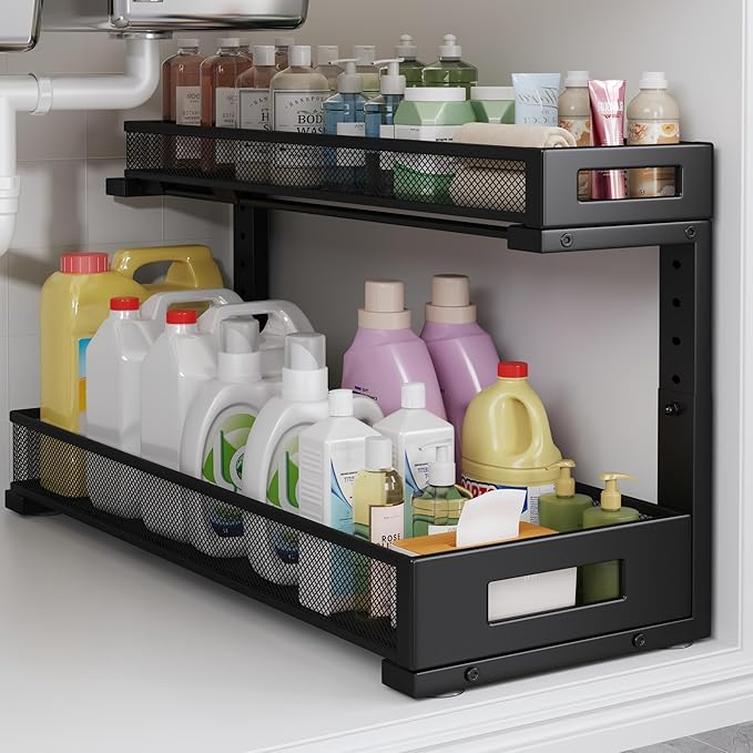 1 Pack 20.47IN Depth Under Sink Storage Organizer, Large 2-Tier Elegant Mesh Pull Out Shelf for Kitchen and Bathroom Cabinet Organization, L-Shaped and Adjustable Height Design-Black
