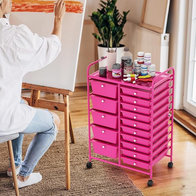 GOFLAME 15-Drawer Rolling Storage Cart, Multipurpose Movable Organizer Cart, Utility Cart for Home, Office, School, Hot Pink