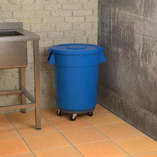 32 Gallon Blue Round Commercial Trash Can with Lid and Dolly