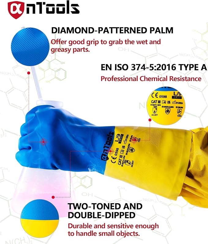 2 Pairs Neoprene and Rubber Blend Heavy-Duty Chemical Gloves, Protective industrial gloves for Resist Acid, Alkali, Hazmat, cleaning, dishwashing, Large