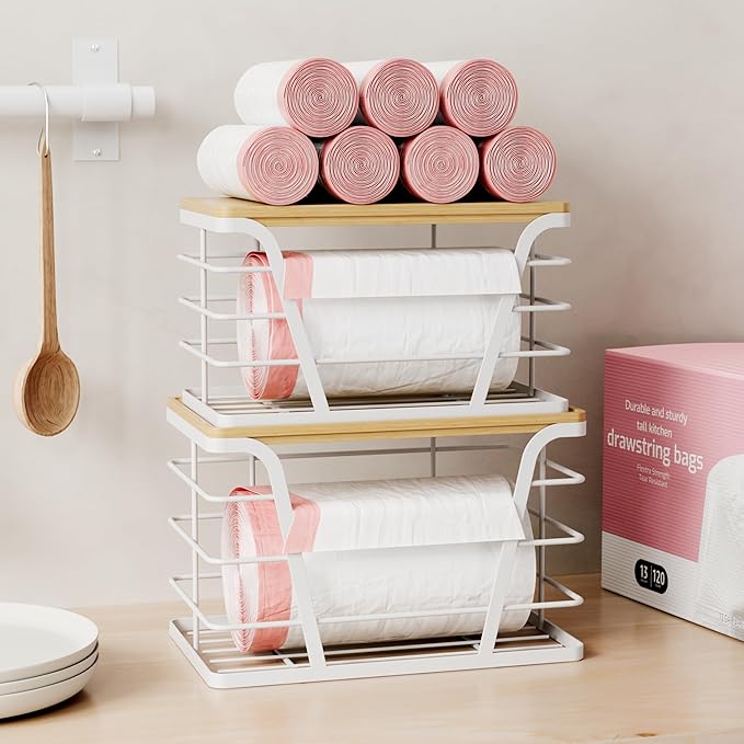2 Pack Stackable Laundry Room Organization and Storage, Laundry Room Decor and Accessories, Trash Bag Holder with Bamboo Top and Garbage Bag Dispenser, White