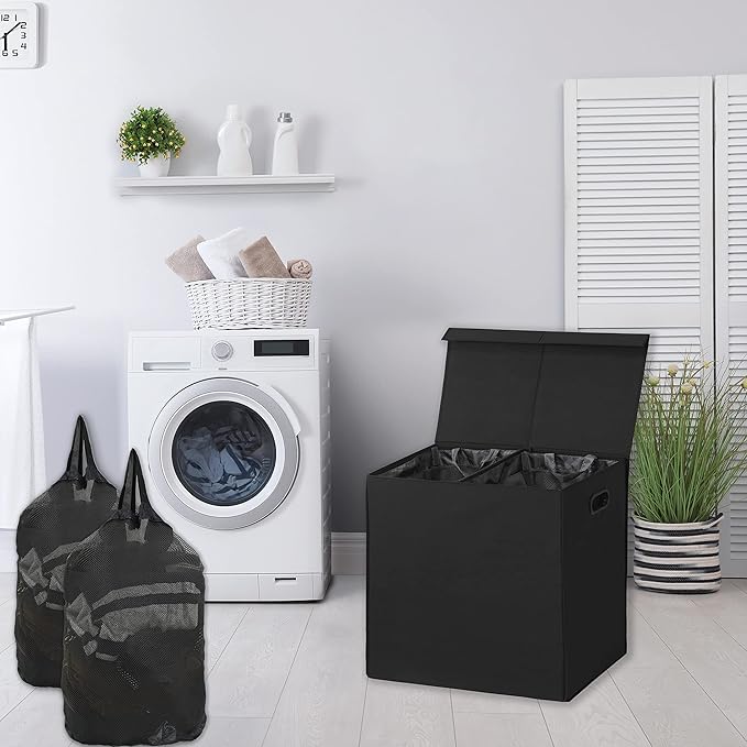 Simple Houseware Double Laundry Hamper with Lid and Removable Bags, Black
