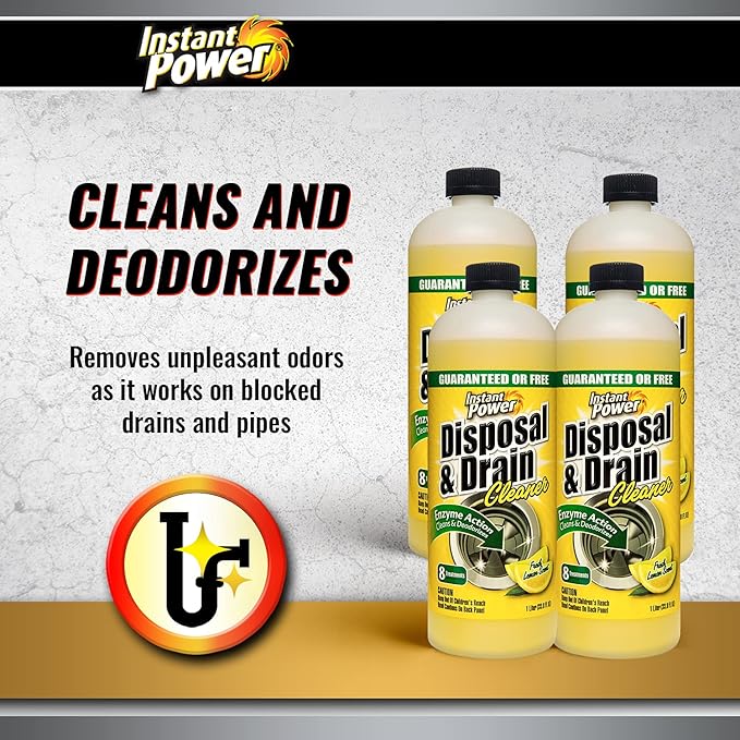 Instant Power Disposal and Drain Cleaner – Liquid Enzyme Clog Remover, Cleans and Deodorizes, Removes Drain Blockages, Fresh Lemon Scent 33.8 Fl oz, 1 Liter 4 Pack