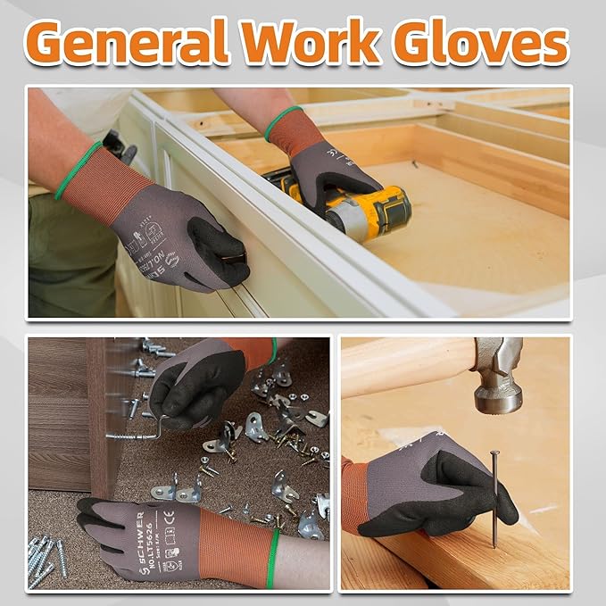 Schwer 6 Pairs Safety Work Gloves with Sandy Nitrile Coating LT5626, Max Abrasion Resistance Heavy Duty Gloves with Grip for Men and Women, Ideal for General Use, Mechanic, Construction, Gardening, S