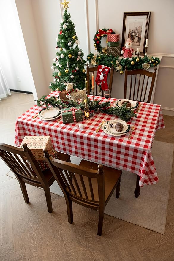 Classic Gingham Plaid Tablecloth Fabric - Rectangular 58x102 Inch Water Resistant Checked Table Cloth for Indoor/Outdoor Use - Table Cover for Kitchen, Picnics, Gardens, and Parties