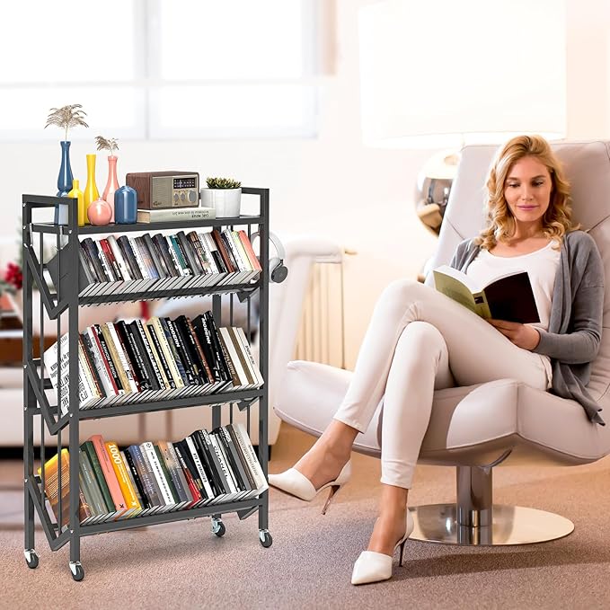 Book Carts 4 Tier 46.5x35.4x9.84 in Rolling Book Cart Large Capacity Bookshelf Storage Rack Mobile Book Storage with Wheels Cart for Home Office Living Room Classroom (Black)