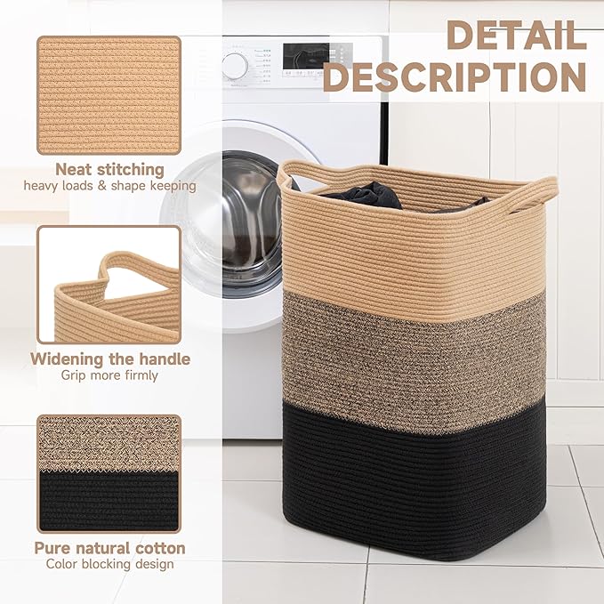 CLHMILY&Z 75L Laundry Basket Rectangular Black Jute Rope - 16x13x22 Inches - Dirty Clothes and Soft Storage Bin for Blankets, Toys, and Nursery Essentials