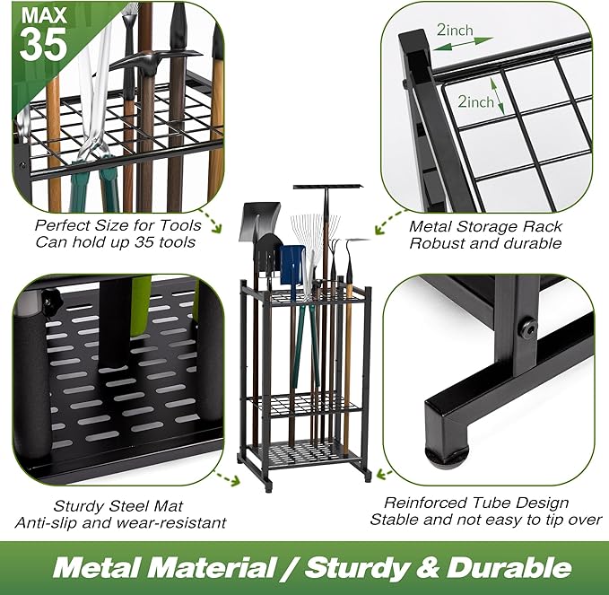Garden Tool Organizer, Yard Tool Tower Rack for Garage Organization and Storage, Up to 35 Long-Handled Tools/Rakes/Brooms, Heavy Duty Steel Garden Tool Stand for Shed, Outdoor, Black