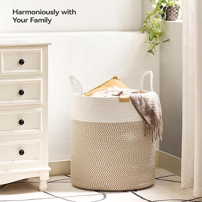 80L Laundry Hamper Basket,Baby Nursery Woven Storage Basket for Toys Bin,Pillows,Blankets,Clothes,Brown&White