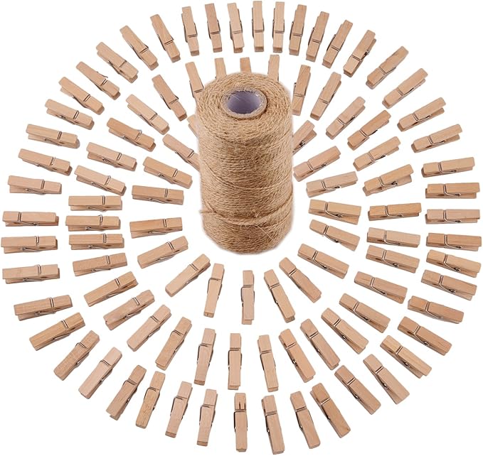 320 Feet Jute Twine and 100 Pieces Mini Natural Wooden Craft Clothespins Pegs Clips