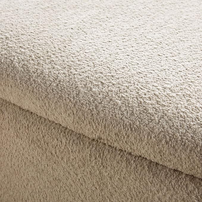 Walker Edison Linley Contemporary Large Storage Bouclé Ottoman with Wood Legs, Ivory